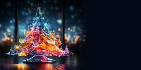 Shiny Christmas tree from colorful glass against bokeh lights on black background. Festive card with free space. Winter design for website, print, backdrop. Bannerの素材