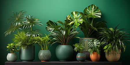 Tropical green plants - monstera, palm and ficus in pots on daek green backdrop. Banner.の素材