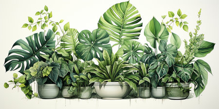 Illustration of trendy tropical green plants - monstera, monstera, palm and ficus.の素材
