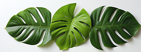 Big green tropical monstera leaves. White background, top view. Banner, white background.の素材