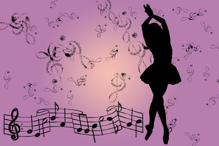Dancing woman silhouette with pink musical backgroundの写真素材