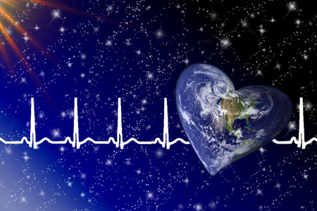 Heart shaped planet earth in space with sinus rhythmの写真素材