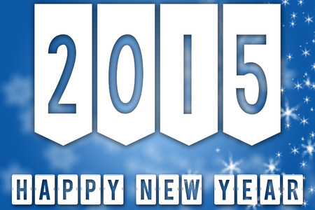 Happy New Year 2015 greeting blue background banner with white snowflakes and starsの写真素材