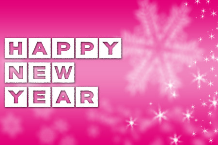 Happy New Year greeting pink background banner with white snowflakes and starsの写真素材