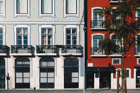 Architecture in the Old Town of Lisbon, Portugal. Lisbon Buildings Facade With Typical Portuguese Tiles on the Wallの写真素材