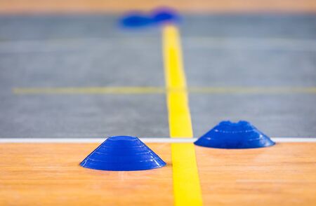 Soccer Indoor Marker on Pitch Yellow Sideline. Blue Soccer Markerの写真素材