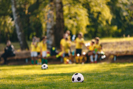 Junior Football Training Pitch. Soccer Balls on Grass Field. School Soccer Team in Yellow Shirts in Blurred Backgroundの写真素材