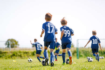 Children Running After Balls on Soccer Training Camp. Kids Practicing Football on Grass Field. School Boys Kicking Soccer Ballsの写真素材