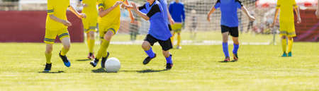 Two Children Sports Team Kicking Football Match on Grass Pitch. Soccer Players in a Duel. Elementary Age Kids in Soccer Clubs of Soccer Academiesの写真素材