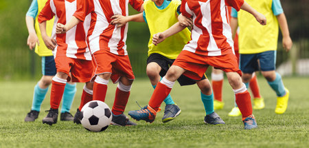 Football soccer children training class. Group of school children running and kicking soccer balls on summer training camp. Kids practicing football on grass fieldの写真素材