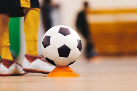 Youth futsal league. Indoor football player with classic soccer ball. Indoor soccer sports hall. Football futsal player, ball, futsal floor. sports backgroundの写真素材