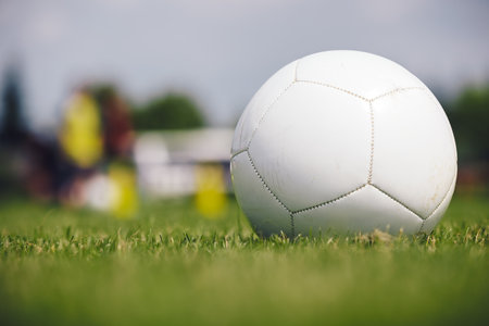 Soccer Ball on Green Grass with Summer Background. Football Soccer Training Equipment; Football Ball, Pylon, Cone on a Football Field. Football Pitch on a Sunny Day. Soccer Training Session.の写真素材