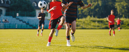 Boys In Junior Football Teams Kicking Soccer Ball. Male Soccer Football Match. Players Running in a Match. Professional Soccer Player About To Kick Football During Soccer Matchの写真素材