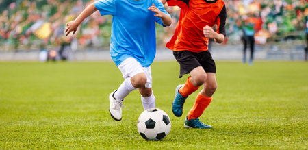 Two young soccer players compete for control of the ball during a match on a green field, with a crowd of spectators in the backgroundの写真素材