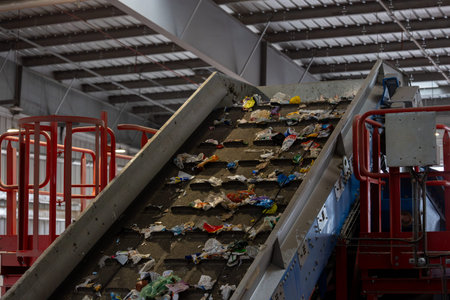 Waste sorting facility showing inclined conveyor belt carrying mixed municipal waste. Plastic packaging, film and containers move through recycling plant equipment and metal structure during separation and processing stage.