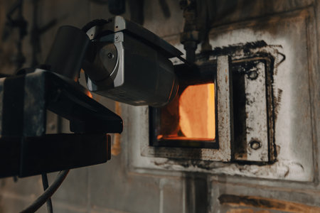 A high temperature industrial furnace with a monitoring camera positioned at the inspection port to observe the waste combustion process. The glowing chamber and heat exposed metal surfaces emphasize the intense thermal environment.