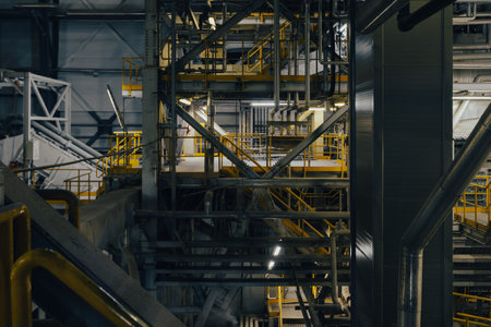 A multi level industrial structure with steel platforms, yellow railings and interconnected pipes. Fluorescent lighting illuminates the clean, organized interior of the processing facility.