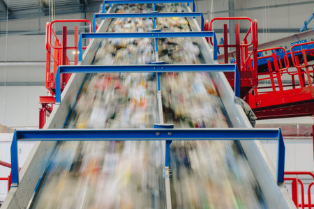 Automated conveyor system transporting mixed waste materials inside an industrial recycling facility. Motion blur effect on processing lines with metal structures, sorting equipment, and transport belts used for material recovery and waste management operations.