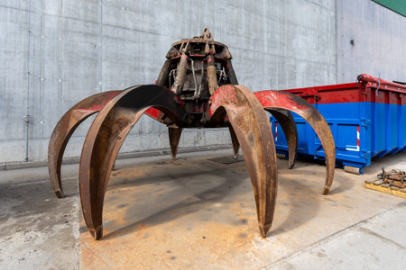 A heavy hydraulic scrap grab rests on a concrete floor near a concrete wall. The worn steel claws and visible cylinders show industrial use, with a metal container in the background. The scene depicts equipment used for handling bulk materials in a recycling or industrial facility.
