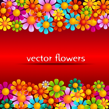 vector summer flowers on red backgroundのイラスト素材