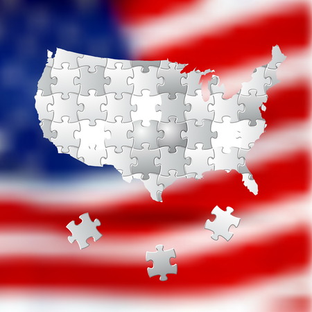 Vote for America, election background made from white puzzle pieces, on USA blurred flagのイラスト素材