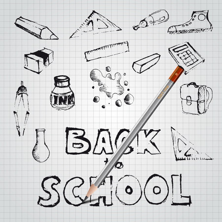 Back to school, drawn by pencil, set of school doodle illustrationsのイラスト素材