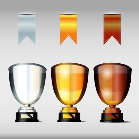 Victory cups or trophies with ribbons, Gold, Silver and Bronze, vector illustrationのイラスト素材