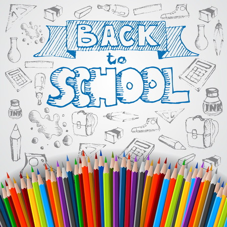 Back to school poster, vector colorful crayons on white paper with abstract doodlesのイラスト素材