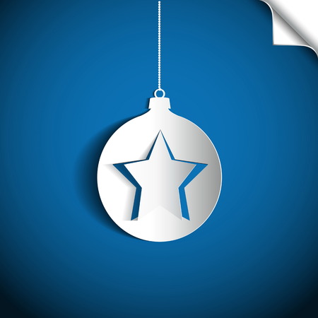 Christmas ball and star made from papercut on blue background, vector card illustrationのイラスト素材