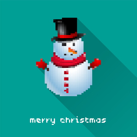 Merry Christmas pixel art style snowman poster for party or greeting card. Vector illustrationのイラスト素材