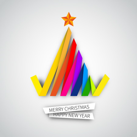 Creative paper stripe Christmas tree. Vector Illustration. original new year cardのイラスト素材