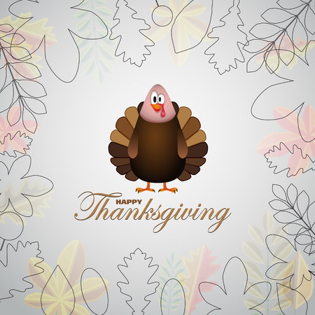 Happy Thanksgiving cartoon turkey with leaves - card vector illustrationのイラスト素材
