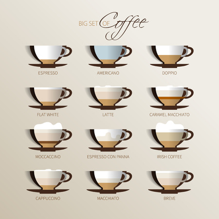Set of coffee types and their preparation on bright brown background. Vector EPS10 illustrationのイラスト素材
