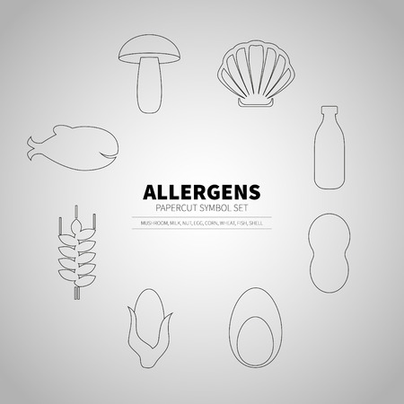 icons set for allergens products (milk, fish, egg, wheat, nut, lactose, corn, mushroom, shell)のイラスト素材