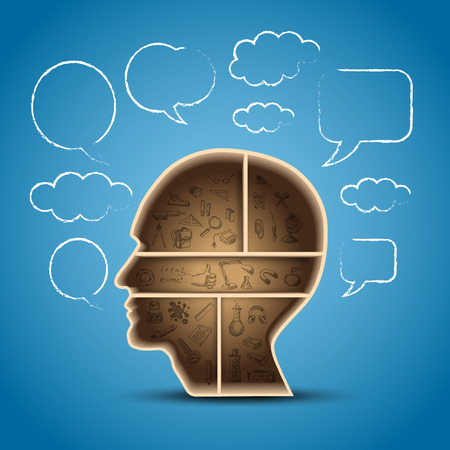 Shelf in form of head with bubble talk - with icons for school learning, education conceptのイラスト素材