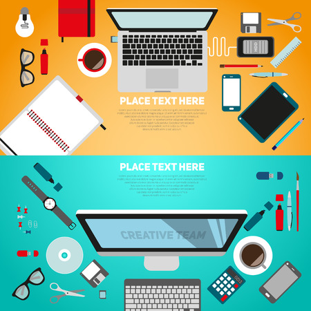 Flat design illustration workplace. concept of creative office workspace. Top view of desk background with computer, digital devices, office objects, books and documentsのイラスト素材