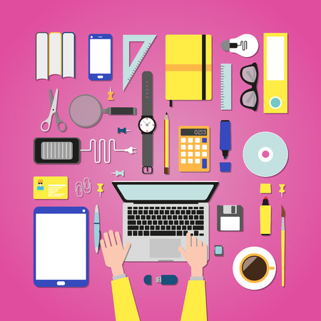 Flat design modern illustration concept of creative office workspace, workplace with computer. Top view of desk background with laptop, digital devices, office objects, books and documents.のイラスト素材