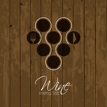 Wine list design for bar and restaurant on wooden background. With text and grapes simple decoration. Place for your text. bottle siluetteのイラスト素材
