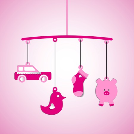 Baby arrival, papercut toys hanging, shower card, born babyのイラスト素材