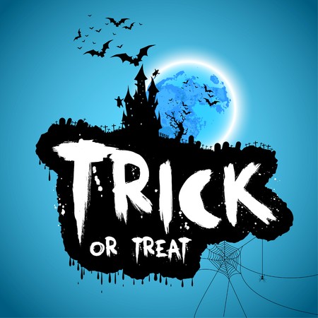 Trick or treat, Happy halloween design on blue background with bats and castle, vector illustrationのイラスト素材