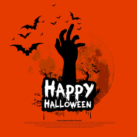 Happy Halloween design with zombie hand, bats, graves, moon, vector illustration backgroundのイラスト素材