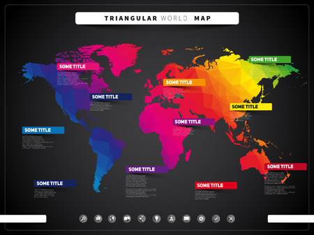 World map illustration and infographics, triangular vector design template, dark styleのイラスト素材