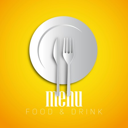 Restaurant menu design, papercut knife and fork on plate on yellow backgroundのイラスト素材