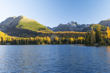 Autumn colored mountain lake on sunrise, Strbske lake, High Tatras, Slovakiaのeditorial素材