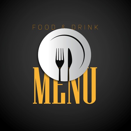 Restaurant menu design, papercut knife and fork on plate on dark backgroundのイラスト素材