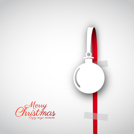 Merry Christmas papercut ball or bauble gift card. Illustration. Hanging on red paper bowのイラスト素材