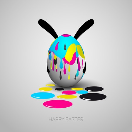 Funny Easter egg with rabbit ears, Cyan, magenta, yellow, black color stain on eggs, CMYK color themeのイラスト素材
