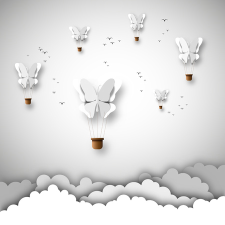 Papercut design, Vector paper clouds and balloons with butterfliesのイラスト素材
