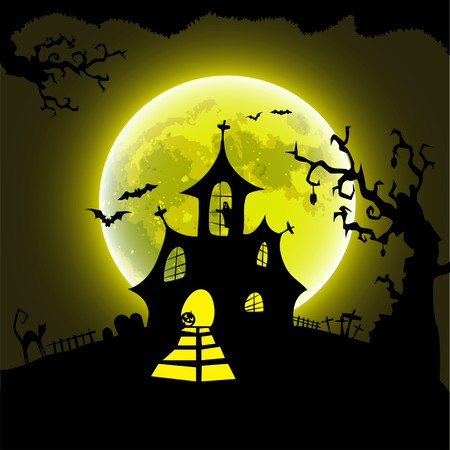 Happy Halloween Card Template, Mix of Various Spooky Creatures, Moon and horror house, Vector Illustrationのイラスト素材