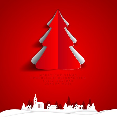 Merry Christmas paper tree design greeting card, small village in papercut style on bottom - vector illustration on red backgroundのイラスト素材